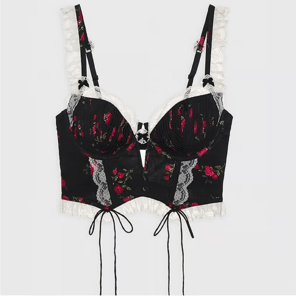 For Love And Lemons June Bustier Black with Roses (size Small-DD) - Picture 3 of 8